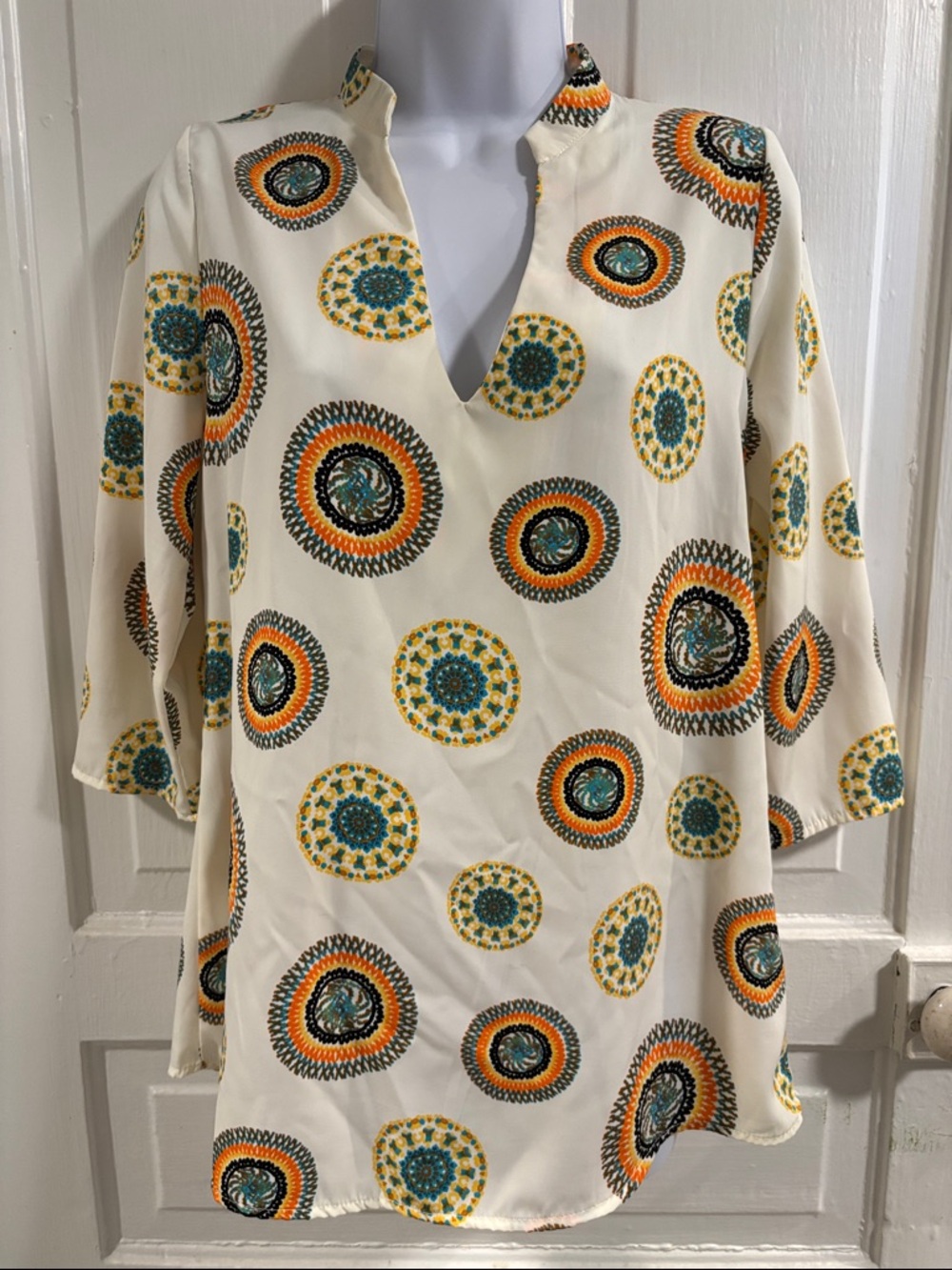My Beloved Women's V-Neck Tunic Top with Multicolor Medallion Print Size M